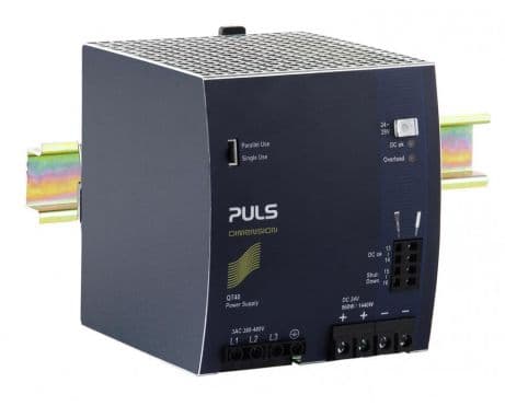 Puls QT40.242 PULS QT40.242 is a power supply unit designed for AC/DC conversion with a 50% power reserve. It supports DIN rail mounting and operates within an ambient air temperature range of -25 to +70°C. This unit features an extended lifetime and includes a DC-OK relay contact output. It provides a rated current of 40A at 24Vdc and 34.3A at 28Vdc, with a derating to 24W between +60°C and +70°C. The QT40.242 utilizes screw-clamp connections and accepts a wide range supply voltage of 323Vac-576Vac across various nominal voltages (380Vac / 400Vac / 415Vac / 440Vac / 480Vac / 500Vac / 525Vac; 47-63Hz) with a 3-phase input. It belongs to the Q-series and is housed in an aluminium casing with dimensions of W110mm x H124mm x D127mm. Designed for a 3-phase network, it has a net width of 110 mm and offers a rated power of 960W (up to 1440W short-term for 4s). The output voltage is adjustable between 24Vdc and 28Vdc. Protection features include output overvoltage protection and active input inrush current limiter, with overload and short-circuit current protection supporting both series and parallel operation. The unit is resistant to back-feeding loads up to 35V. It achieves an efficiency of 0.952 to 0.953 depending on the input voltage, with a peak current consumption of 6A max. inrush. The start-up delay ranges from 500-600s, with a rise time of 35-40ms and a hold time of 25ms. Power dissipation/losses are 47.3W to 48.4W, depending on the input voltage. Electrical durability varies with conditions, reaching up to 475,000 hours at 25°C and 20A output with a 3AC 400Vac input. Ripple is maintained at 100mVpp, and the output stage capacitance is 10200 µF.