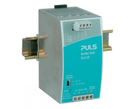 Puls SLV20.200 PULS SLV20.200 is a buffer unit designed with a DC-OK relay contact output and features a buffer module with signaling terminal and an EMC filter with natural convection cooling. It has dimensions of W30mm x H42mm x D14mm and operates on a supply voltage range of 24Vdc to 28.8Vdc, with a rated current of 20A at 24Vdc. This unit is suitable for DIN rail mounting and can operate in ambient air temperatures ranging from -10 to +70°C. The SLV20.200 has a net width of 30 mm and consumes a current of 20A. It is equipped with protection functions against overload, short-circuit, and can handle overload/short-circuit current as well as series/parallel operation, allowing it to bridge mains faults without interruption. The output voltage is fixed at 22.5Vdc, with a time delay of 4s for start-up and a 31ms rise time under nominal input with a constant full current load. The ripple is specified at 200mVpp across a frequency range of 20Hz to 20MHz at 50Ω.