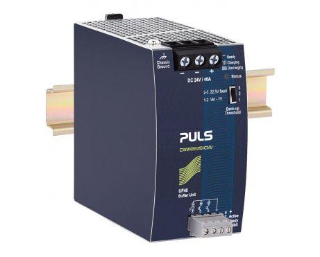 Puls UF40.241 PULS UF40.241 is an Uninterruptible Power Supply (UPS) control module within the UF-series, designed as a bfr. module with capacitor storage and a green status LED. It features a DC/DC UPS control mechanism with a 34-second charging time, encased in an aluminium housing. The unit offers screw-clamp connections for secure installation and measures W64mm x H124mm x D142mm. It operates on a supply voltage range of 19.2Vdc to 30Vdc, with a nominal 24Vdc, and supports a rated current of 40A (bfr.). Designed for DIN rail mounting, the UF40.241 can function within an ambient air temperature range of -25 to +70°C and is suitable for DC networks. It includes a visual position indicator for Ready, Buffering, and Inhibit statuses. The module provides protection against output overvoltage, with typical protection at 32Vdc and a maximum of 35Vdc. It allows for parallel connection of buffer modules to enhance output ampacity or hold-up time. The output voltage is fixed at 24Vdc, with an efficiency of 0.99 at a 24Vdc input. The hold time is specified as 25ms/0.25s at 40A load and 50ms/0.5s at 20A load. Power dissipation/losses are noted as 1.9 W at a 24Vdc input with 0A output current, and the ripple is 200mVpp across a frequency range of 20Hz to 20MHz at 50Ω. Electrical durability is rated at 189,000 hours at 40°C and 536,000 hours at 25°C in standby mode.