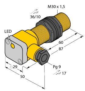 Turck NI20U-P30SK-AP6X Inductive Sensor, Rated switching distance 20 mm, Non-flush, Threaded barrel, M30 x 1.5, Plastic, PA12‐GF30, Factor 1 for all metals, Protection class IP68, Resistant to magnetic fields, Extended temperature range, High switching frequency, Auto-compensation protects against pre-damping, DC 3-wire, 10…30 VDC, NO contact, PNP output, Terminal chamber