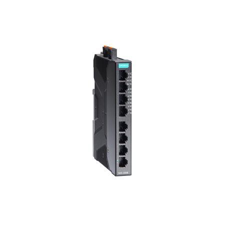 Moxa SDS-3008 Compact industrial smart Ethernet switch with 8 10/100BaseT(X) ports, dual 12/24/48 VDC power inputs, -10 to 60°C operating temperature