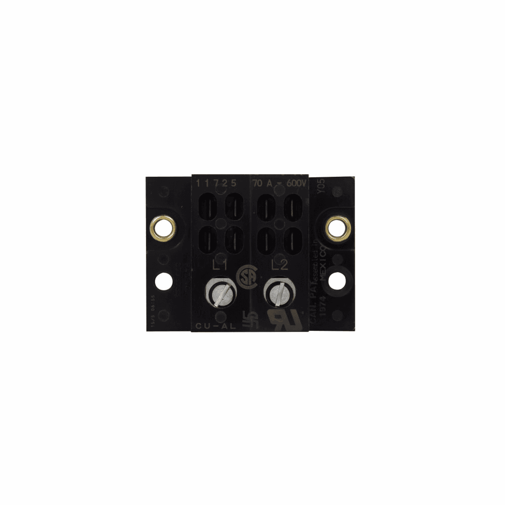 Cooper Bussmann 11725-2 11725-2 Cooper Bussmann - Eaton Bussmann series power terminal block, 600 Vac, 600 Vdc, 70A, Power terminal block, Two-pole, Screw (Line), 0.25 In Quick Connect (Load), SCCR: 10 kA