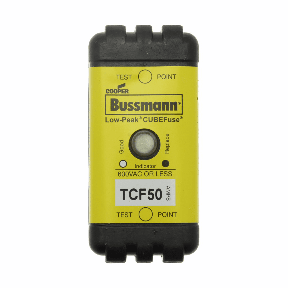 Cooper Bussmann TCF50 TCF50 Cooper Bussmann - Eaton Bussmann series TCF fuse, Finger safe, 600 Vac/300 Vdc, 50A, 300 kAIC at 600 Vac, 100 kAIC at 300 Vdc, Indicating, Time delay, inrush current withstand, Class CF, CUBEFuse, Glass filled PES