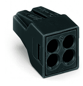 WAGO 773-514 Wago 773-514 is a 4-wire splicing connector designed for junction box applications. It features PUSH WIRE spring connections for easy installation. This connector is rated for a current of 24A according to IEC standards and can operate at a supply voltage of up to 400V (AC). It is suitable for ambient air temperatures up to +60°C. The 773-514 comes in black and has dimensions of H13.1mm x W13mm x D19.5mm. It accommodates a cross-section range for stranded conductors from 1.5mm2 to 2.5mm2 and for solid conductors from 0.75mm2 to 2.5mm2, including #16AWG to #12AWG stranded conductors and #18AWG to #12AWG solid conductors.