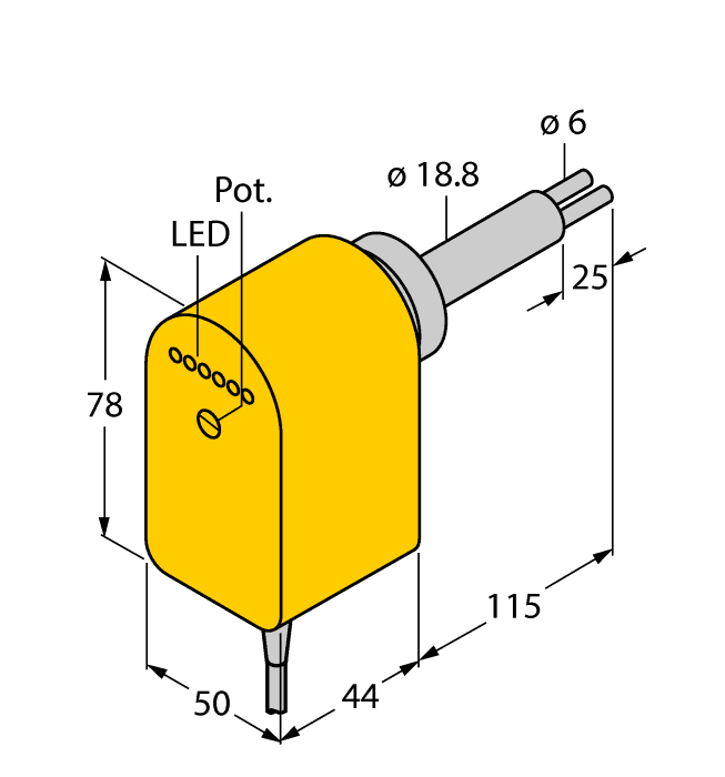 Turck FCS-HA2P-VRX/230VAC/AL115 Turck FCS-HA2P-VRX/230VAC/AL115 is a sensor designed for flow monitoring, featuring a PBT housing and a 1.4305 stainless steel probe. It operates within an ambient air temperature range of -25°C to +80°C and offers a degree of protection rated at IP65. This sensor includes a single digital output (SPDT / NO/NC / 1C/O relay dry contact) and is characterized by its rectangular body shape. It is capable of detecting flow rates from 50cm/s to 30m/s in air. As part of the FCS series, this flow monitor sensor/switch is equipped with a pre-wired 2m cable with bare end flying leads and a G1" threaded male process port for connection. It is designed to withstand pressures up to 3bar (43.5psi) and has a probe length of 115mm. The sensor is suitable for use with media temperatures ranging from -10°C to +70°C and requires a 230Vac power supply.