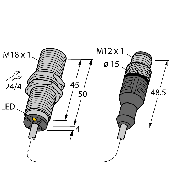 Turck BI8U-MT18-AN6X-0.5-RS4T/S1589 Turck BI8U-MT18-AN6X-0.5-RS4T/S1589 is an inductive proximity sensor within the BI...-MT18 series, featuring a Weldguard coated, embeddable design. It operates with a supply voltage range of 10-30Vdc, including nominal 12Vdc and 24Vdc, and is housed in a PTFE-coated brass material for durability. This sensor is equipped with a pre-wired 50cm / 20" pigtail cable that terminates with a 4-pin M12 Eurofast QD male connector. Its M18 partially threaded barrel shape is designed for easy installation, and it offers a degree of protection rated at IP68, making it suitable for harsh environments. The sensor operates at a maximum switching frequency of 1.5kHz and can function within an ambient air temperature range of -30°C to +85°C. It features a single digital output (10-30Vdc; NPN) with a sensing distance of 8mm. Additionally, it includes protection functions against short-circuit (pulsed), overload, and reverse polarity. The operating mode for this sensor is Normally Open (NO), and it has an M18 thread size for mounting.