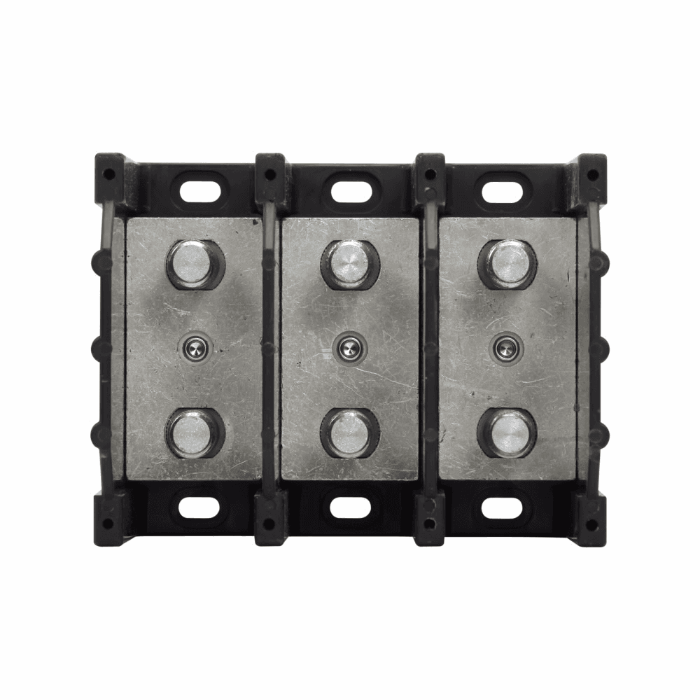 Cooper Bussmann 16394-3 16394-3 Cooper Bussmann - Eaton Bussmann series power terminal block, 600 Vac, 600 Vdc, 400A, Power terminal block, Three-pole, 1/2 In-13 TPI X 1-1/16 In Stud (Line/Load), SCCR: 10 kA, Black, Molded Thermoplastic Base, Tin-plated aluminum connector