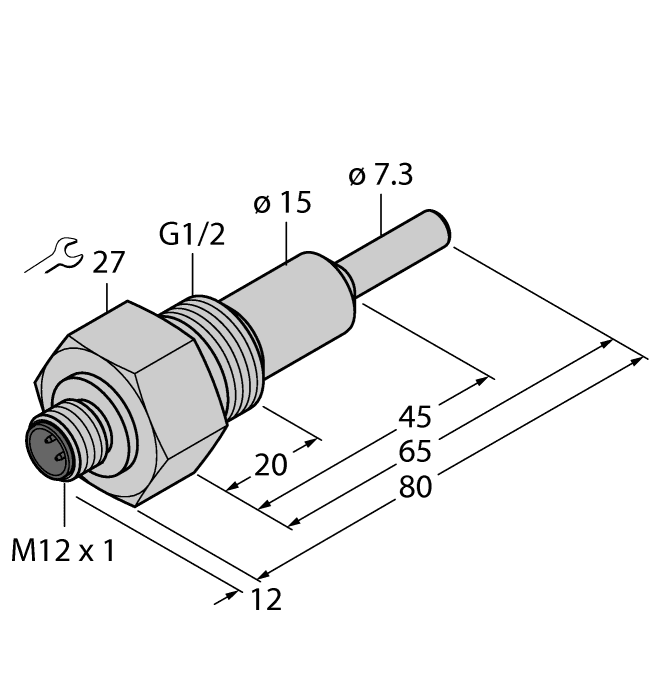 Turck FCS-G1/2A4-NAEX0-H1141/L065 Turck FCS-G1/2A4-NAEX0-H1141/L065 is a sensor designed for flow monitoring, featuring a rectangular body made from 1.4571 (316Ti) stainless steel for both its housing and wetted parts. It operates within an ambient air temperature range of -25°C to +80°C and offers a degree of protection rated at IP67. This sensor is capable of detecting flow rates ranging from 1cm/s to 1.5m/s in water and 3cm/s to 3m/s in oil. It is part of the FCS series and is characterized as an instrumentation intrinsically-safe insertion probe flow monitor sensor that requires a remote amplifier for operation. The connection is facilitated by a pre-equipped 4-pin M12 Eurofast QD male connector and a G1/2" (1/2" BSPP) threaded male process port. It can withstand pressure up to 10bar (145psi) and is designed to measure medium temperatures ranging from -25°C to +80°C, with a probe length of 65mm.