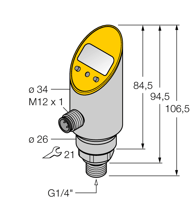 Turck PS025V-304-LUUPN8X-H1141 Turck PS025V-304-LUUPN8X-H1141 is a sensor designed for pressure measurement and switching, belonging to the PS500 series. It features a programmable compound pressure sensor/switch with a set point range of 1-100% and a reset point range of 0.5-99.5%. The sensor supports multiple measurement units including bar, psi, kPa, MPa, and miscellaneous. It operates within an ambient air temperature range of -40°C to +80°C and has a rotatable housing design with a diameter of 34mm. The connection is facilitated by a 4-pin M12 Eurofast QD male connector and a G1/4" (1/4" BSPP) threaded female process port. The sensor offers an IP67 degree of protection and requires a supply voltage of 18-30Vdc (24Vdc nominal). Its cylindrical body shape is complemented by a maximum switching frequency of 180Hz. The material composition includes 1.4305 (303) stainless steel for the housing and wetted parts, ceramics Al2O3 for the pressure transducer, and 1.4305 (303) stainless steel for the pressure connection. It can measure pressure ranges from -1 to +25bar (-14.5 to +362.5psi) and supports the IO-Link communication protocol. The fluid medium temperature range is -40°C to +85°C. Operating modes are programmable as NO (Normally Open) or NC (Normally Closed), with 2 x digital outputs (15-30Vdc; NPN/PNP). Protection functions include short-circuit (pulsed) and reverse polarity. The response time is adjustable between 50 - 600ms / 0.05 - 0.6 s, with a set point accuracy of +/-0.5% FS, analog accuracy of ≤+/-0.5% FS, a response time of <3ms, repeatability of ≤0.5% of the measuring range, and zero shift/span shift of ≤0.15% of the measuring range per °C. Current consumption is 50mA, with time delay settings for ON-delay and OFF-delay ranging from 0-50.