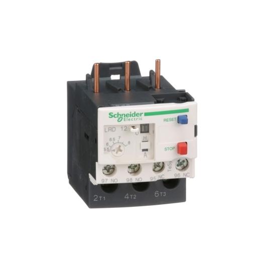 Schneider Electric LRD12 Schneider Electric LRD12, part of the LRD sub-range, is a differential thermal overload relay designed for direct connection to a contactor and features screw-clamp connections for both outgoing cables and the control circuit. This 3-pole device offers Class 10A protection functions with a rated current of 5.5-8 A. It includes protection settings for thermal overload within the range of 5.5-8A. The LRD12 is equipped with 1 Normally Open (NO) auxiliary contact and 1 Normally Closed (NC) auxiliary contact. It supports a rated voltage (AC) phase-to-phase of up to 690 V at frequencies ranging from 0 to 400Hz. The minimum operating current is set at 5.5 A, with a maximum threshold of 8 A.