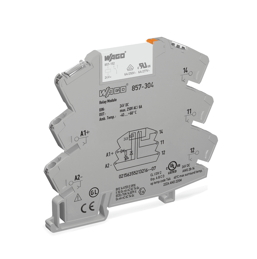 WAGO 857-304 Wago 857-304 is a plug-in relay assembly featuring push-in CAGE CLAMP spring connections. It is designed to handle a rated current of 6A continuously, with specific ratings for different conditions: 3A at 250Vac (AC-15), 2A at 24Vdc (DC-13), and a maximum inrush current of 20A for 20ms at AC. The relay offers a socket base and ejector, a yellow LED indicator, and operates on an electromechanical design. It recommends a minimum switching load of 10V / 10mA / 24V / 1mA. The relay has a 1C/O / SPDT (Single Pole Double Throw) contact configuration, with an ambient air temperature for storage ranging from -40°C to +60°C. It provides a degree of protection rated at IP20 and has a net width ranging from 20.4-28.8Vdc (24Vdc nominal). The control voltage for DC is specified as 0.85...1.2 x Uc, with a rated impulse voltage (Uimp) of 4 kV. The relay's dimensions are H94mm x W6mm x D81mm, featuring silver-tin (AgSnO) contacts. It is designed for a single-pole / 1-pole (1P) configuration and can be mounted on a DIN-35 rail. The rated operating voltage (Ue) and the switching times for contacts closing and opening are both 8ms / 0.008 s. It is rated for 250 V, with a mechanical life expectancy of 50,000 operations and an electrical life of 5,000,000 operations. The relay operates within a humidity range of 5-85% RH, with no condensation permissible.