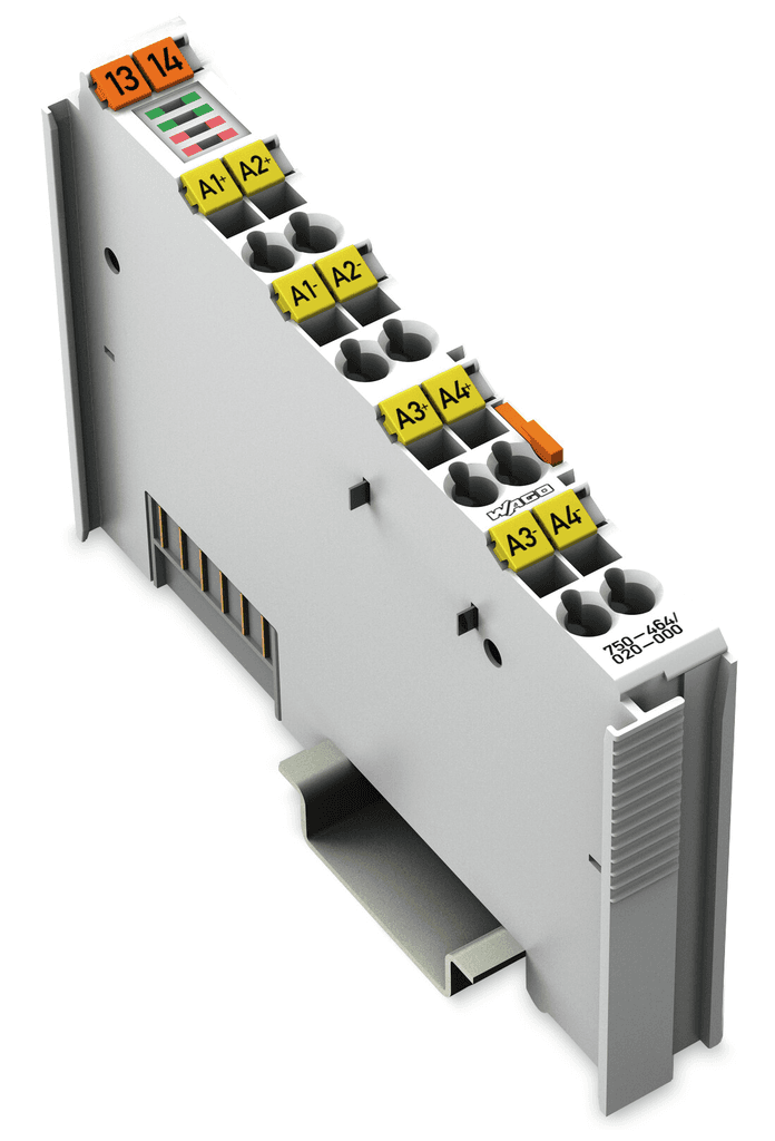 WAGO 750-464/020-000 Wago 750-464/020-000 is an I/O unit designed as a standard analog input slice module. It operates with a supply voltage of 5Vdc provided by the system and an adjustable supply voltage of 18-32.5Vdc for field sensing devices. This unit features push-in spring cage-clamp connections and is designed for operation in ambient air temperatures ranging from -40°C to +55°C, with storage temperatures from -40°C to +85°C. It supports a control voltage of 0°C and utilizes an IP20 communication protocol. The rated insulation voltage is 12 mm, and it is designed for mounting on a DIN-35 rail. The module dimensions are H100mm x W12mm x D67.8mm, housed in a polycarbonate (PC) / Polyamide (PA) 6.6 casing. It includes 4 x analog inputs, configurable for Thermistor NTC 10000Ω or NTC 20000Ω, with a 0.1°C resolution and 320ms conversion time for primary voltage. The unit is designed for a 2-wire connection system, with a current consumption of 50mA at 5Vdc. It features vibration resistance according to EN 60068-2-6 at 4g and shock resistance according to EN 60068-2-27 at 15g. The module has a maximum temperature measuring error of 2K and a temperature error of 20ppm/K. Configuration options include WAGO-I/O-CHECK, CODESYS Library, and e!COCKPIT. The coating material allows for an operating humidity of up to 95% relative humidity (RH), non-condensing.