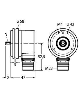 Turck RI-10S6S-2B1024-12M23 Incremental Encoder, Industrial Line, Operating voltage 10…30 VDC, Resolution incremental 1024 ppr, Servo flange, Ø 58 mm, Solid shaft, Ø 6mm x 10mm, Optical measuring principle, Shaft material, stainless steel, Protection class IP67 on housing and shaft side, ‐40…+85 °C, Max. 6000 rpm (continuous operation 3000 rpm), 10…30 VDC, M23 male, 12-pin, Push-pull, with inverted signals, Pulse frequency max. 300 kHz, 1024 pulses per revolution