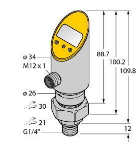 Turck PS250R-504-LI2UPN8X-H1141 Pressure Sensor (Rotatable), With Analog Output and PNP/NPN Transistor Switching Output, Output 2 Reprogrammable as Switching Output, , Housing is rotatable after plugging the process connection, Reading of adjusted values without tool, Recessed pushbutton and keylock for secure programming, Permanent indication of pressure (bar, psi, kPa, MPa, misc), Peak pressure memory, Pressure range 0…250 bar rel.