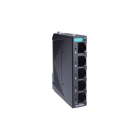 Moxa EDS-2005-EL-T Unmanaged Fast Ethernet switch with 5 10/100BaseT(X) ports, 12/24/48 power input, metal housing, -40 to 75°C operating temperature