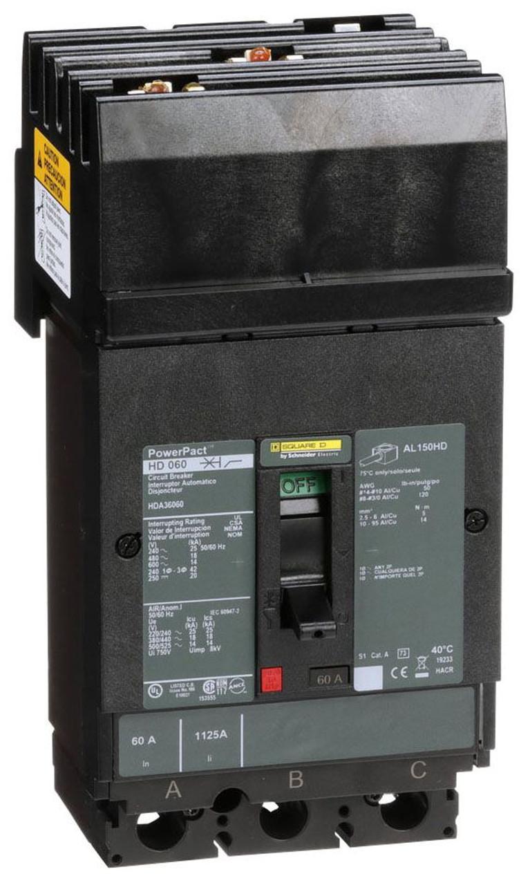 Schneider Electric HDA36060 Square D by Schneider Electric HDA36060 is a Moulded Case Circuit Breaker (MCCB) within the PowerPacT HDA sub-range, featuring a PowerPact H-Frame 150 TMD design. It is a 3-pole (3P) device with a rated current of 60A and offers both thermal protection (overload) and magnetic protection (short-circuit). This MCCB has an I-line connection for ABC phases and is designed for mounting on I-line with line side isolated plug-on jaws plus a mechanical I-Line bracket mechanism. It has a rated insulation voltage (Ui) of 750 V, rated voltages of 600Vac 600Y/347Vac for AC and 250Vdc for DC, and a degree of protection of IP40. The operating mode is manual toggle, with over-current protection settings fixed at 60A and short-circuit protection settings fixed at 800A for hold current and 1450A for trip current. The rated operating voltage (Ue) is 690 V, with a rated impulse voltage (Uimp) of 8 kV. Its dimensions are 163 mm in height, 104 mm in width, and 86 mm in depth. The trip current rating is 60 AT, with a frame current rating of 150 AF. It has a short circuit breaking rating of 25kA at 240Vac, 18kA at 480Vac and 480Y/277Vac, 14kA at 600Vac and 600Y/347Vac for UL489, and 20kA at 250Vdc for UL489. The trip unit type is thermal-magnetic (fixed) without a display, and it falls under utilisation category A.