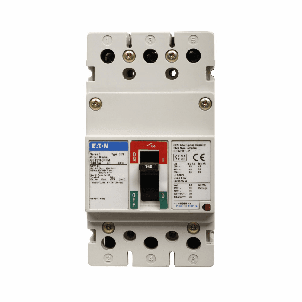 Eaton GES3016FFM GES3016FFM Eaton - Eaton Series G molded case circuit breaker, EG-frame, GE, Fixed thermal, fixed magnetic trip, Three-pole, 16A, 600Y/347 Vac, 85 kAIC at 240 Vac, 40 kAIC at 415 Vac, 35 kAIC at 480 Vac, 22 kAIC at 600Y/347 Vac, Line/load end caps, Metric