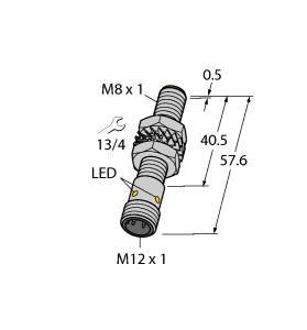 Turck BI2-M08E-AP6X-H1341 Inductive Sensor, With Increased Switching Distance, Rated switching distance 2 mm, Flush, Threaded barrel, M8 x 1, Nickel-plated brass, Large sensing range, DC 3-wire, 10…30 VDC, NO contact, PNP output, M12 x 1 male connector