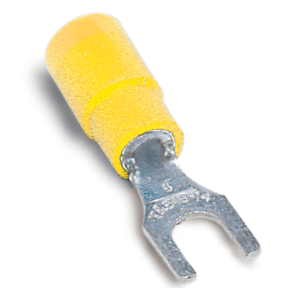 ABB Control 10RC8FX 10RC8FX ABB Control - Expanded Vinyl-Insulated Fork Terminal, Length 1.11 Inches, Width .38 Inches, Maximum Insulation .250, Bolt Hole #8, Wire Range #12-#10 AWG, Color Yellow, Copper, Tin Plated