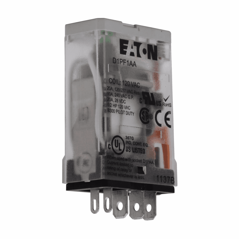 Eaton D1PF1AA D1PF1AA Eaton - D1 Series General Purpose Plug-In Relay, Full featured cover, 120V coil, 50/60 Hz, 4430 Ohms resistance, Plug-in terminal, SPDT contact configuration, 20A contact rating, Silver alloy contacts, IP40 enclosure