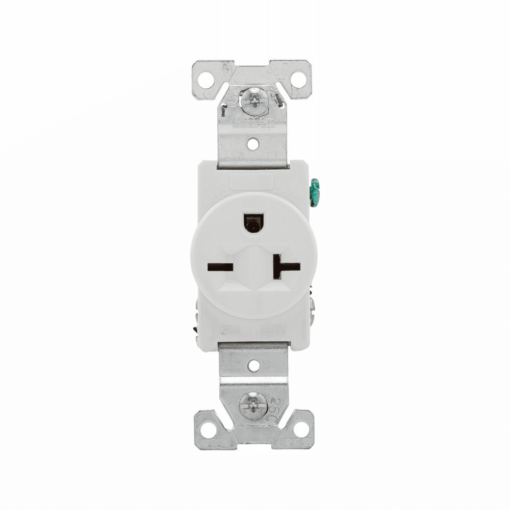 Eaton 5461W 5461W Eaton - Eaton Arrow Hart extra heavy-duty industrial specification grade single receptacle,#14-10 AWG,20A,Industrial,Flush,250V,Back and side,White,Brass,Impact-resistant nylon face,Glass-filled nylon base,6-20R,Single,Screw,Core pack