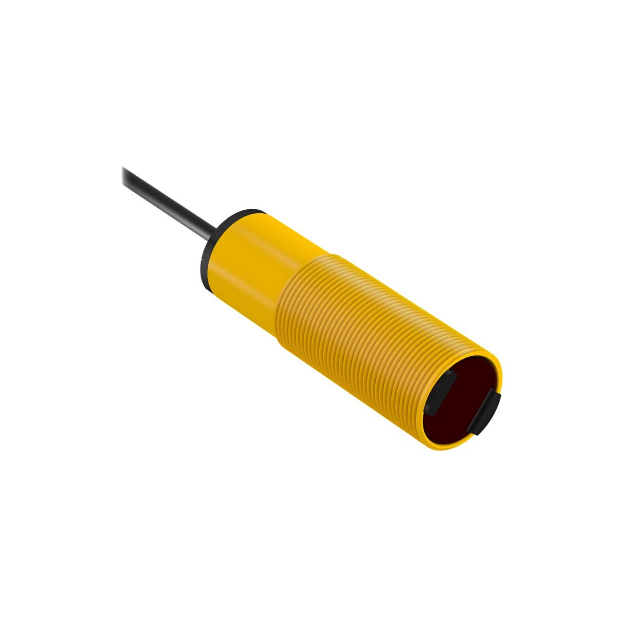 Banner S18SN6FF100QP Banner Engineering S18SN6FF100QP is a fixed-field photo-electric sensor from the S18 DC series, designed with a background suppression system. It features a thermoplastic housing with an acrylic lens and is pre-wired with a 6" / 150mm pigtail terminated with a 4-pin Euro-style M12 connector. This sensor operates within a supply voltage range of 10Vdc-30Vdc (12Vdc / 24Vdc nom.) and can function in ambient air temperatures ranging from -40 to +70°C. It offers a degree of protection rated at IP67, IP69K, and NEMA 6P, ensuring durability in various environmental conditions. The sensor has an M18 cylindrical threaded/barrel shape, includes 1 x digital output (NPN transistor; complementary NO/NC), and provides a sensing distance of 100mm. It utilizes infrared (IR) light with a wavelength of 880 nm and has a response time of 3ms / 0.003 s. The operating modes available are Light-ON and Dark-ON, with a thread size of M18.