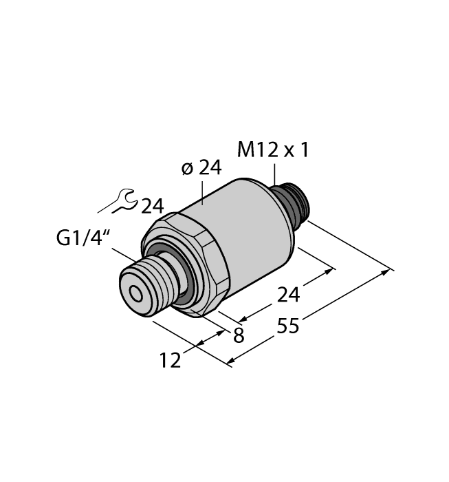 Turck PT1V-1004-U3-H1143 Turck PT1V-1004-U3-H1143 is a sensor designed for pressure measurement, belonging to the PT1000 series. It functions as an instrumentation compound pressure sensor/transmitter, capable of operating in ambient air temperatures ranging from -30°C to +85°C. This sensor is equipped with a 4-pin M12 Eurofast QD male connector and a G1/4" (1/4" BSPP) threaded female process port for connection. It features a cylindrical body with a degree of protection rated at IP67, ensuring its suitability for various industrial environments. The supply voltage requirement is 7-33VDC, with 12VDC and 24VDC as nominal values. The sensor's housing is made from 1.4404 (316L) stainless steel, with 316 stainless steel wetted parts, a ceramics Al2O3 pressure transducer, and a stainless steel 1.4404 / 316L pressure connection. It is designed to measure pressure in the range of -1 to 0 bar (-14.5 to 0 psig) and can handle fluid medium temperatures from -40 to +125°C. The sensor provides a single analog output (4-20mA) and has a current consumption of 23mA.