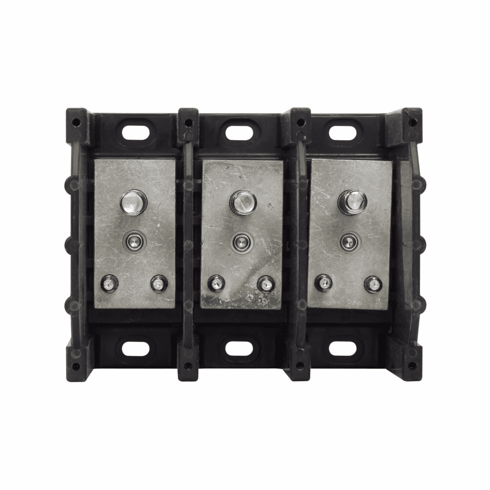 Cooper Bussmann 16395-3 16395-3 Cooper Bussmann - Eaton Bussmann series power terminal block, 600 Vac, 600 Vdc, 310A, Three-pole, 3/8 In-16 TPI X 1-7/16 In Stud (Line), (2) 1/4 In-20 TPI X 9/16 In Stud (Load), SCCR: 10 kA, Black, Molded Thermoplastic Base, Tin-plated aluminum connector