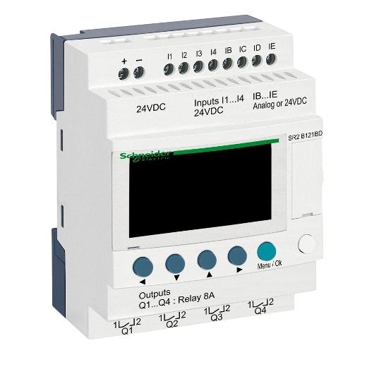 Schneider Electric SR2B121BD Schneider Electric SR2B121BD is a compact smart/programmable control unit designed for DIN rail mounting. It operates within an ambient air temperature range of -20 to +55°C and offers a memory capacity of 120 lines for ladder programming or 200 lines for FBD programming. This control unit features an IP40 degree of protection for the front panel and IP20 for the terminal block, with 4 contact outputs for digital outputs and a current consumption of 0.1 A without extension. It includes reverse polarity and program memory check protection functions, along with 4 common mode analog inputs. The SR2B121BD requires a 24 V DC supply voltage and utilizes screw-clamp terminals. It has an electrical durability of 500,000 operations with load and a mechanical durability of 10,000,000 operations at no load. The processing time ranges from 6 to 90 ms, and it is equipped with an LCD display. The operating rate is 36,000 cycles/hour with no load and 360 cycles/hour at Ie, featuring a measurement function that checks the program memory on each power-up.