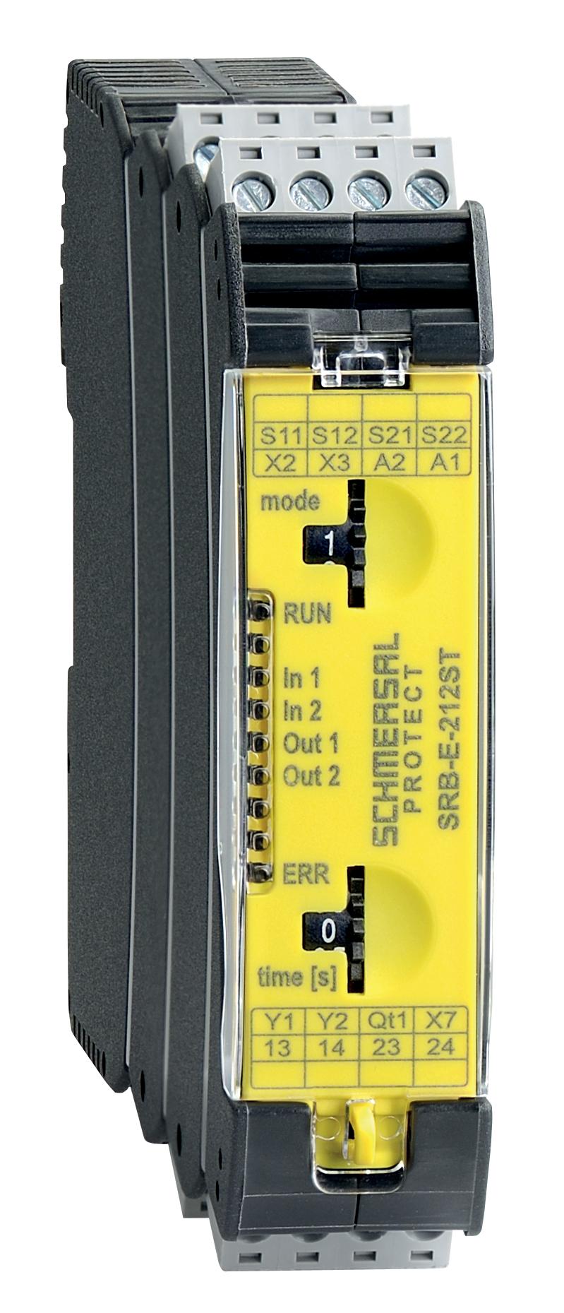 Schmersal SRB-E-212ST Safety-monitoring modules; Stop category 1 (multifunctional); Plug-in screw terminals with coding; STOP 0 / 1 Function; 1 oder 2-channel control; 2 safety contacts STOP 0; 1 Safety output STOP 1; Drop-out delay 0 … 30
