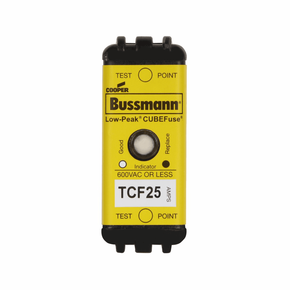 Cooper Bussmann TCF25 TCF25 Cooper Bussmann - Eaton Bussmann series TCF fuse, Finger safe, 600 Vac/300 Vdc, 25A, 300 kAIC at 600 Vac, 100 kAIC at 300 Vdc, Indicating, Time delay, inrush current withstand, Class CF, CUBEFuse, Glass filled PES