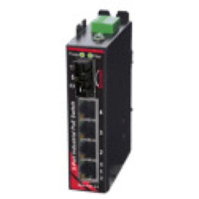 Red Lion EB-5ES-PSE-3SC Red Lion EB-5ES-PSE-3SC is an industrial Ethernet switch designed for DIN rail mounting, featuring a durable polycarbonate plastic case. It operates within an ambient air temperature range of -40 to +75°C. This model, part of the Sixnet EB series, offers connectivity through 4 RJ45 ports supporting 10/100BaseTX with IEEE 802.3af/at Power over Ethernet Plus (PoE+) and 1 fiber optic SC connector for single-mode 100BaseFX connections, with a 20km rated optical fiber. It requires a supply voltage of 45-56Vdc, typically 48Vdc, and supports Ethernet communication protocol. The connection capacity of this switch is 5 ports.