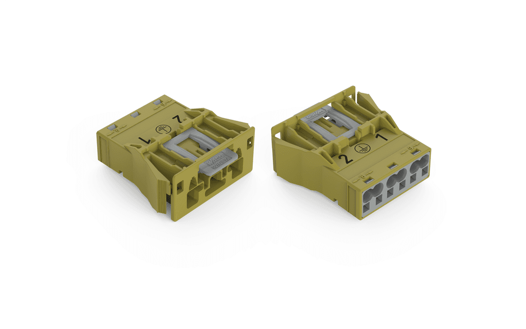 WAGO 770-773/073-000 WAGO 770-773/073-000 is a snap-in connector designed for control technology applications, featuring a nominal voltage of 250V as per IEC/EN 60664-1, with a rated impulse voltage of 4kV and a rated current of 25A. For the US market, it has a rated voltage of 600V and a rated current of 23A according to UL 1977 standards. This connector supports a wide range of conductor sizes, from 0.5mm2 to 4mm2 (20 to 12 AWG), and offers various connection technologies including Push-in CAGE CLAMP with an actuation type of operating tool or push-in. It has 6 connection points, 3 total number of potentials, and a nominal cross-section of 4mm2 / 12 AWG. The physical dimensions include a pin spacing of 10mm, width of 35.5mm, height of 17.5mm, and depth of 41.1mm. It features a snap-in flange mounting type, IP20 protection type (IP2xC when mated), and is made from light green Polyamide (PA66) with a flammability class of V0. The connector is designed with mismating protection, a locking lever for secure connection, and supports up to 200 mating cycles without resistive load. It operates within a temperature range of -35 to +85°C and is RoHS compliant. The product is packaged in boxes of 100 pieces and has a GTIN of 4050821553427.