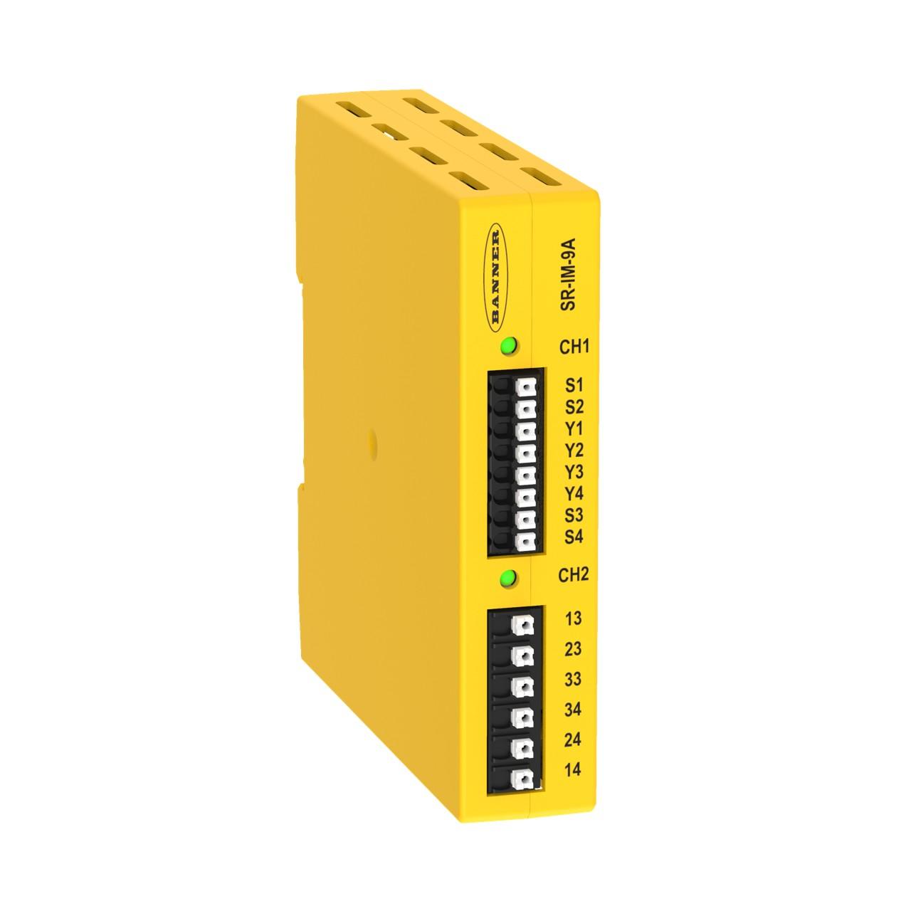 Banner SR-IM-9A Banner Engineering SR-IM-9A is an interface unit designed with a polycarbonate (PC) housing and utilizes a spring terminal connection for its interface relay module function. It operates on a 24Vdc supply voltage and is suitable for DIN rail mounting. This unit is designed to function within an ambient air temperature range of 0 to +50°C and comes with an IP20 NEMA 1 degree of protection. The SR-IM-9A measures 23 mm in width, 100 mm in height, and 98 mm in depth. It features 1 x digital output, specifically 3NO relay outputs, to facilitate its interface capabilities.