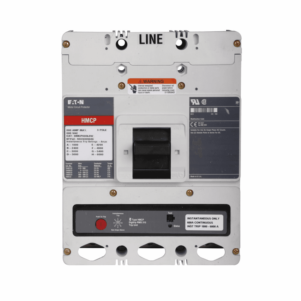 Eaton HMCP600L6WA05 HMCP600L6WA05 Eaton - Eaton molded case circuit breaker accessory motor protection, Motor circuit protector, 600 A, Three-pole, 1A-1B Right pigtail same side, Frame L, 1800-6000 A, 600 V, 250 Vdc, Series C, Without