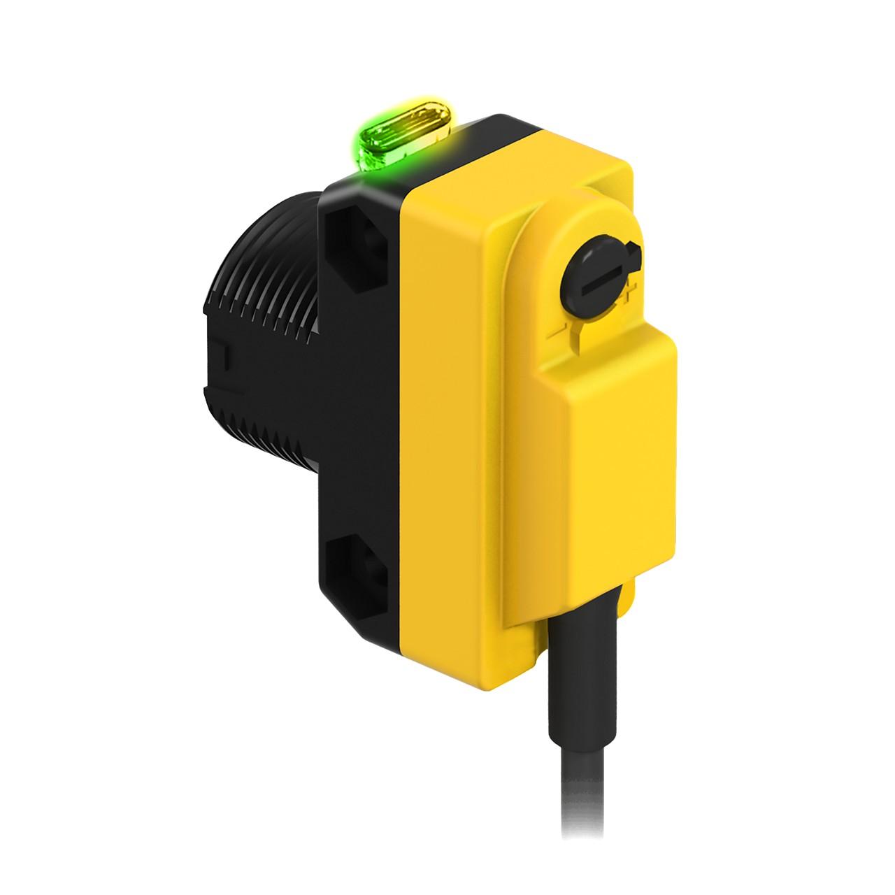 Banner QS18VP6CV45Q5 Banner Engineering QS18VP6CV45Q5 is a photo-electric sensor designed for precision detection tasks. It features a convergent mode with potentiometer adjustment and is equipped with a pre-wired 6" / 150mm pigtail terminated with a 4-pin Euro-style M12 connector for easy installation. This sensor is part of the QS18 series and is mounted using an M18 threaded mount. It operates within an ambient air temperature range of -20 to +70°C and offers a sensing distance of 43mm with visible red light for detection. The QS18VP6CV45Q5 is housed in a thermoplastic casing with an acrylic lens, ensuring durability and longevity. It provides a degree of protection rated at IP67 NEMA 6, making it suitable for use in various environmental conditions. The sensor operates on a supply voltage of 10Vdc to 30Vdc (with 12Vdc / 24Vdc nominal) and features a rectangular shape. It includes 1 x digital output (PNP transistor; complementary NO/NC) and boasts a quick response time of 0.6ms / 0.0006 s, allowing for efficient operation in both Light-ON and Dark-ON modes.