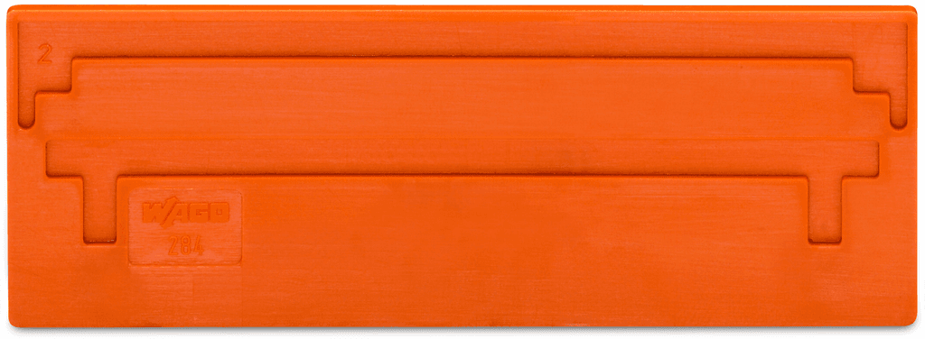 WAGO 284-340 Wago 284-340 is a partition designed as an oversized separator/partition/barrier plate with a rated impulse voltage (Uimp) of 2 mm. It features a distinctive orange color and is constructed from Polyamide (PA) 66, ensuring compatibility with various installation requirements. The dimensions of this part are H96.5mm x W2mm x D33.7mm, fitting seamlessly into the designated spaces within electrical setups to provide the necessary separation or partitioning.