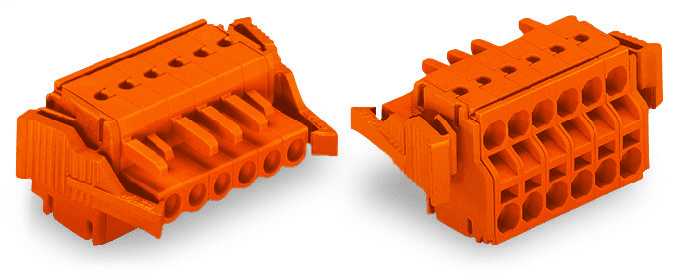 WAGO 231-2302/037-000 WAGO 231-2302/037-000 is a connector part of the MCS - MULTI CONNECTION SYSTEM, designed without breaking capacity as per DIN EN 61984, indicating it should not be connected or disconnected under load or when live. It adheres to IEC/EN 60664-1 standards, with nominal voltages of 320V and 630V under different conditions, rated impulse voltage of 4kV, and a rated current of 16A. UL and CSA approvals are included, with UL ratings up to 600V and 20A, and CSA ratings up to 300V and 15A. The connector features 4 connection points, 2 total potentials, and utilizes Push-in CAGE CLAMP technology for connection, supporting solid and fine-stranded conductors of various sizes. It has a 2-pole configuration, with a pin spacing of 5.08mm, and dimensions of 26.55mm in width, 20.8mm in height, and 29.8mm in depth. The connector is equipped with variable coding, anti-rotation protection, and uses a locking lever for securing the plug-in connection. It is made from Polyamide (PA66) in orange, with a flammability class of UL94 V0, and chrome-nickel spring steel for the clamping spring. The contact material is a copper alloy with tin plating. It operates within a temperature range of -60 to +85°C and is RoHS compliant without exemptions. The product is packaged in boxes of 100 pieces, with a country of origin in Poland and a GTIN of 4044918563635.