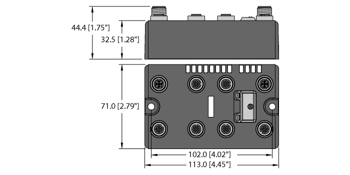 Turck BLCCO-4M12MT-4DO-2A-P Turck BLCCO-4M12MT-4DO-2A-P is a remote I/O controller within the BL compact series, designed for digital block remote output module applications. It features an auxiliary power for CANopen medium housing and operates on a 24Vdc supply voltage. The controller is encased in a fiberglass reinforced nylon housing with nickel-plated brass connectors, ensuring durability. It offers multiple connection types, including 4 x 5-pin M12 female connectors for I.O. ports, 2 x 5-pin M12 male and female connectors for FIELDBUS, and 2 x 4-pin M12 male and female connectors for voltage supply. With an IP67 and IP69K degree of protection, it is suitable for surface mounting. The BLCCO-4M12MT-4DO-2A-P supports the CANopen communication protocol and can operate in ambient air temperatures ranging from -40 to +70°C. Its dimensions are 113 mm in height, 44.5 mm in depth, and 71 mm in width. The connection capacity includes 4 ports with 4 x digital outputs (PNP / 2A), and it supports speeds from 10kbps to 1000kbps.