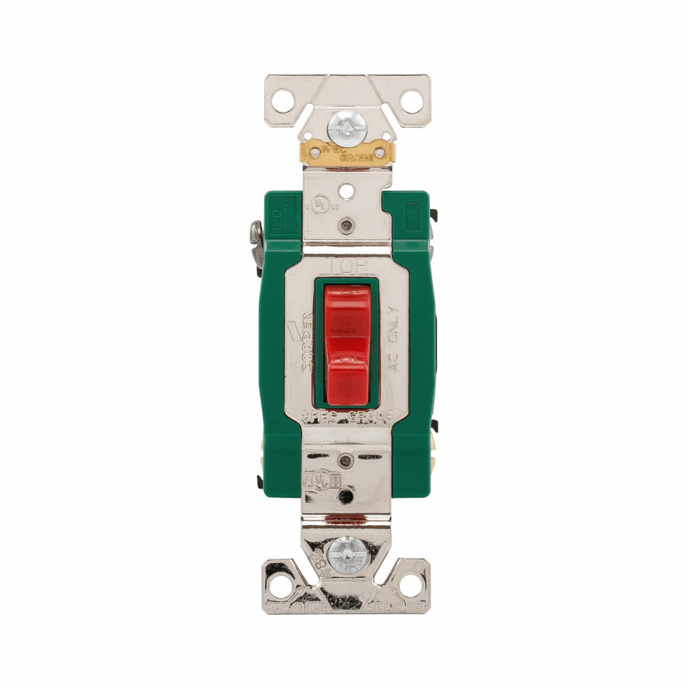 Eaton 3032RD 3032RD Eaton - Eaton Arrow Hart industrial grade toggle switch, #14-10 AWG, 30A, Flush, 120/277V, Back and side, Screw, Red, Load type: Motor Control, Fan, LED, Incandescent, ELV, MLV, CFL, Flourescent, Halogen, Double-Pole,Dual-pole,Brass,Polycarbonate