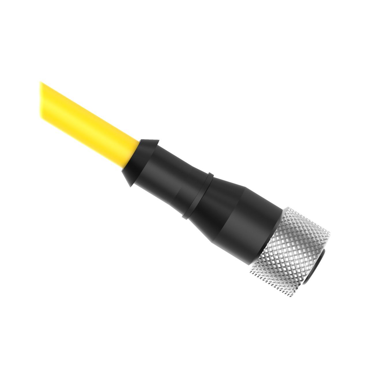 Banner QDE-1225E Banner Engineering QDE-1225E is a pre-assembled cable/cordset designed for various automation applications. It features a single-ended design with a 12-pin Euro-style M12 female connector and bare end flying leads. The cable has a diameter of 6mm and is encased in yellow sheathing made from PVC, ensuring durability and visibility. It is equipped with a nickel-plated brass coupling nut for secure connections. This model offers an ambient air temperature operation range of -40 to +105°C and is rated for 75Vdc and 60Vac. The QDE-1225E measures 7.62 meters in length and is rated with a degree of protection of IP67, indicating its capability to withstand dust and temporary immersion in water.