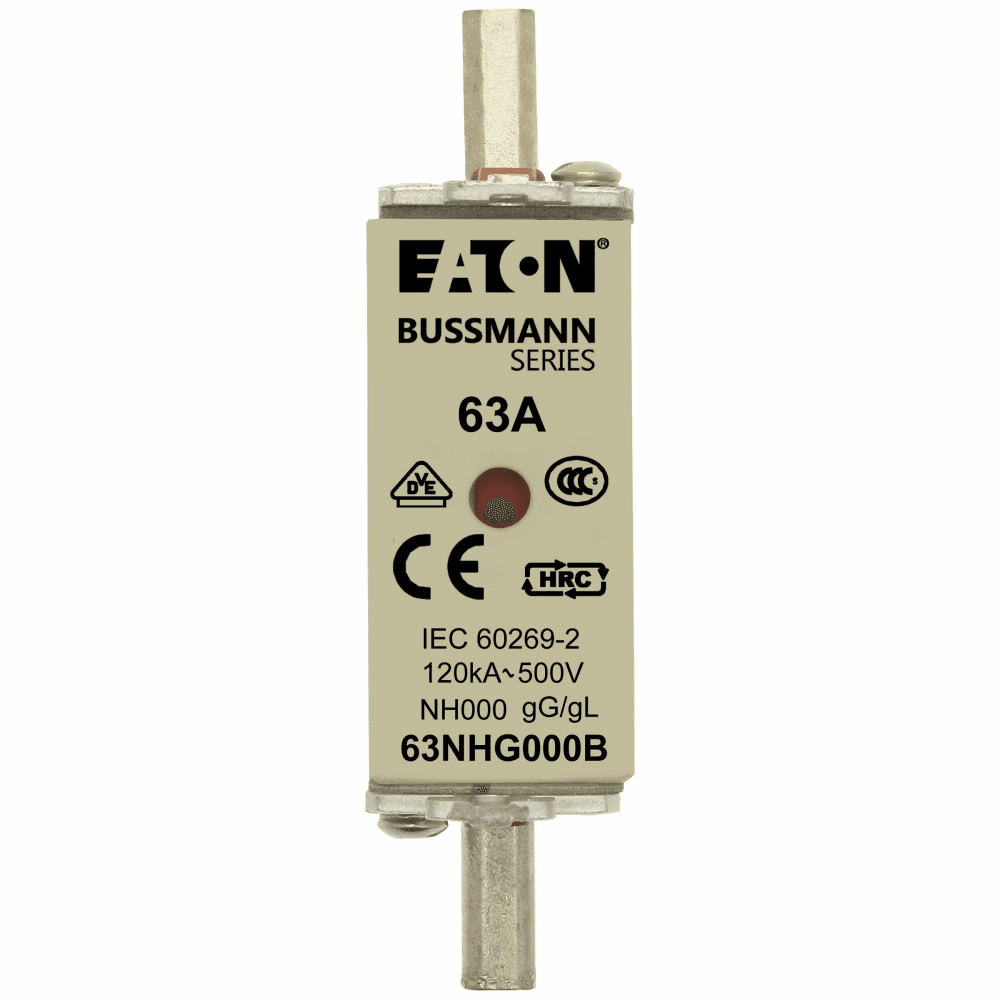 Cooper Bussmann 63NHG000B 63NHG000B Cooper Bussmann - Eaton Bussmann series low voltage NH Fuse, Live gripping lug, 500V, 63A, 120 kAIC, Combination fuse status indicator, Blade end connection, Class C gL/gG, Square-body with knife blade contact, Metal plated copper contact plate, Ceramic body