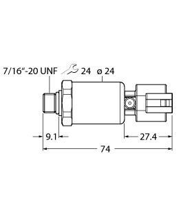 Turck PT5000PSIG-2105-I2-DT043P Pressure Transmitter, With Current Output (2-Wire), , For mobile hydraulic applications, Fully welded metal measuring cell, Sealless, With pressure tip orifice, Compact and robust design, Excellent EMC properties, Excellent accuracy and long-term stability, Kfz-Norm ISO 16750, Pressure range 0…5000 psi rel., 7.5…33 VDC, Analog output 4…20 mA, Process connection 7/16 UNF (SAE) male thread, Plug-in device, Deutsch DT04-3P, "