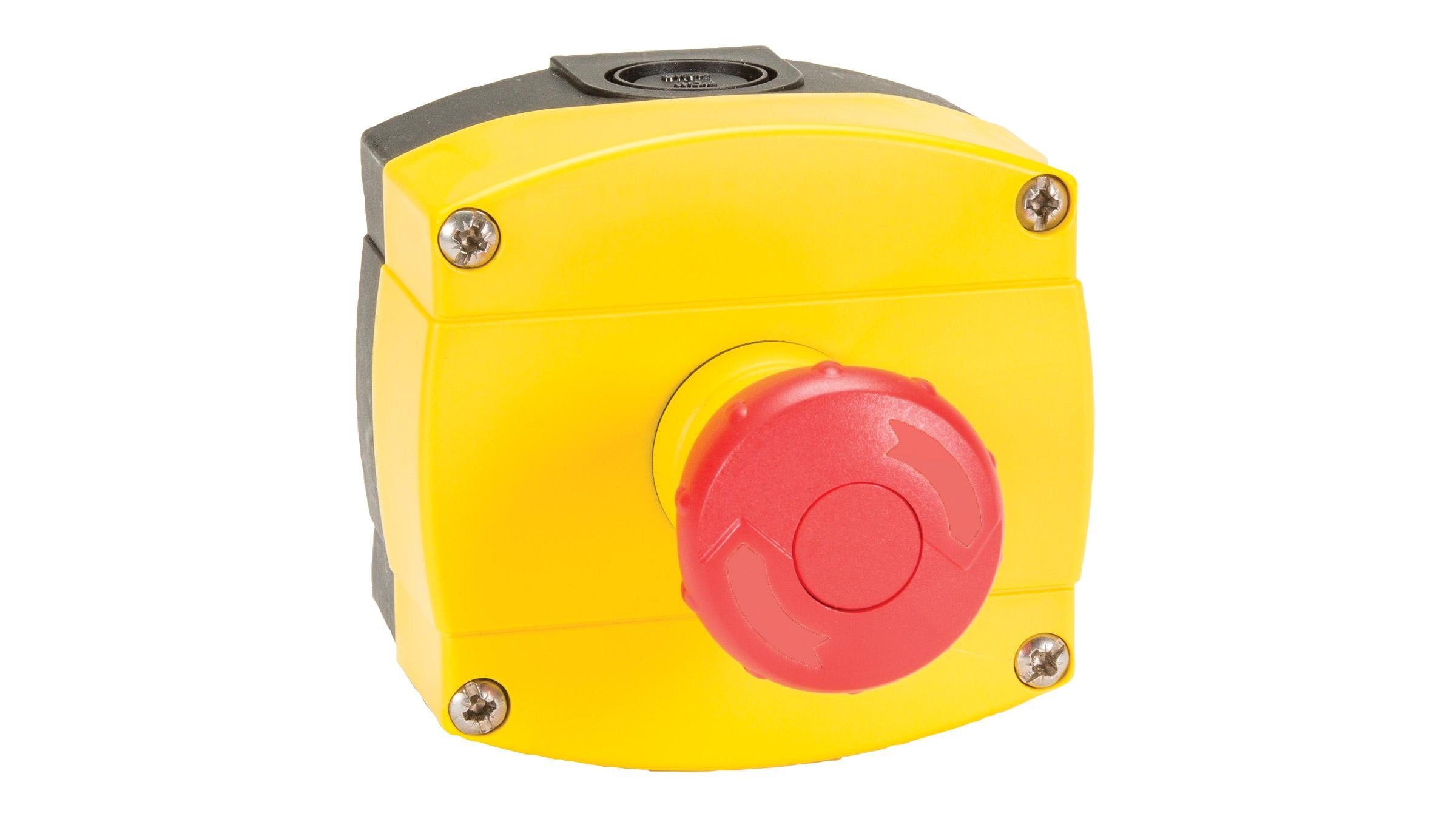 Sprecher + Schuh D7-1YPB14-PX12 Sprecher + Schuh D7-1YPB14-PX12 - D7 Emergency Stop Pushbutton Station, Yellow Plastic, Mushroom 40mm Twist Release, Red/Yellow, Plastic Latch, 1NO 2NC, Type 4/4X/13