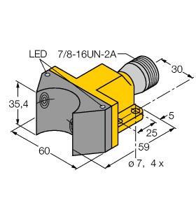 Turck NI4-DSU35-2ADZ30X2-B1151 Inductive Sensor, For Rotary Actuators, Rated switching distance 4 mm, Non-flush, Rectangular, housing DSU35, Plastic, PP-GF30-VO, Two outputs for monitoring the position of rotary actuators, Mounting on all standard actuators, AC 4-wire, 20…250 VDC, DC 4-wire, 10…300 VDC, 2 x NO contact, 7/8 male connector, "