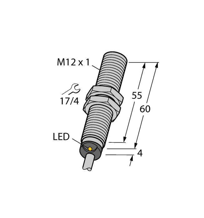 Turck BI4-EM12E-AP45XLD-0.3-RS4T Turck BI4-EM12E-AP45XLD-0.3-RS4T is an inductive proximity sensor belonging to the BI...-EM12 series, designed with an extended barrel that is embeddable. It operates with a supply voltage range of 8.4-64Vdc, including nominal voltages of 12Vdc, 24Vdc, 48Vdc, and 60Vdc. The sensor is housed in 1.4301 (304) stainless steel, ensuring durability, and features a pre-wired 30cm / 12" pigtail cable terminated with a 4-pin M12 Eurofast QD male connector for connectivity. Its shape is an M12 partially threaded extended cylindrical/barrel, offering a degree of protection rated at IP67. With a maximum switching frequency of 2kHz / 2000Hz, it can operate within an ambient air temperature range of -25°C to +70°C. The sensor provides one digital output (8.4-65Vdc; PNP) and has a sensing distance of 4mm. It operates in a Normally Open (NO) mode and has an M12 thread size.