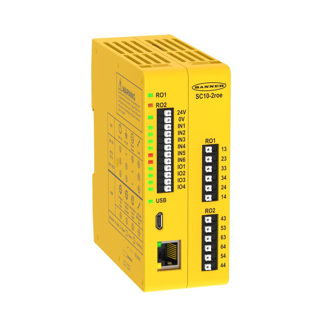 Banner SC10-2ROE Banner Engineering SC10-2ROE is a safety controller designed with a PCCC architecture. It features screw-clamp connections for secure installation and operates on a 24Vdc supply voltage. This part is suitable for DIN rail mounting and can function within an ambient air temperature range of 0 to +55°C. It has an IP20 degree of protection, ensuring it is safeguarded against solid objects larger than 12mm but not protected against liquids. The SC10-2ROE has a net width of 45 mm, a height of 115 mm, and a depth of 100 mm. It supports Ethernet/IP, Modbus TCP, and PROFINET communication protocols for versatile connectivity options. The device is equipped with 1 x safety output (240Vac / 24Vdc; 6A; 3NO contacts) for RO1 and 1 x safety output (240Vac / 24Vdc; 6A; 3NO contacts) for RO2, alongside 10 x safety inputs (15Vdc-30Vdc; including 4 x inputs convertible to non-safety outputs), facilitating comprehensive safety control solutions.