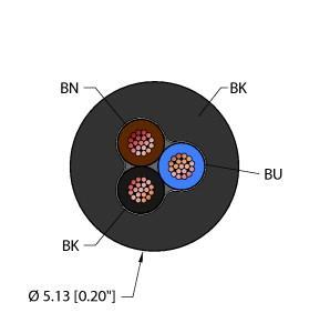 Turck BLK,PVC,3X20,ITC Instrumentation Tray Cable, Reelfast™ Bulk Cable, Instrumentation Tray Cable, Black PVC jacket, 3X20 AWG, Sunlight Resistant, -40 Cold Bend Rating, Oil Resistant, Flame Ratings: UL 1685 FT4, UL1061, CSA FT4, ITC 150V, PLTC 300V, UL/CSA AWM 300V, CMX OUTDOOR 300V, CMG 300V