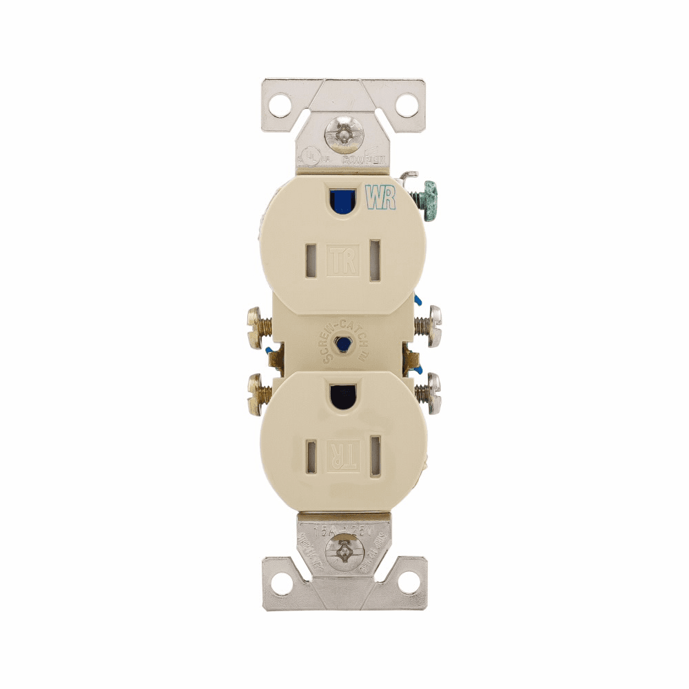 Eaton TWR270V TWR270V Eaton - Eaton residential grade duplex receptacle, #14-10 AWG, 15A, Commercial|Residential, Flush, 125V, Side and push, Ivory, Brass, Weather resistant, Impact-resistant thermoplastic, 5-15R, Duplex, Screw, Thermoplastic, Core pack