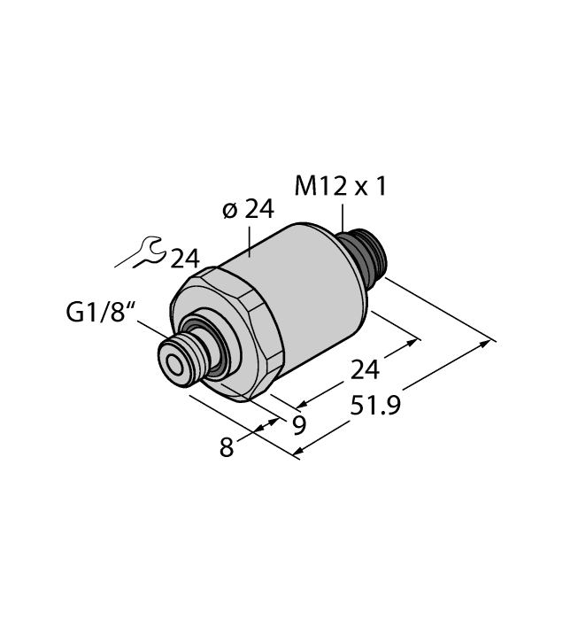 Turck PT15PSIV-1013-IX-H1143 Turck PT15PSIV-1013-IX-H1143 is a sensor designed for pressure measurement within the PT2000 series. This instrumentation compound pressure sensor/transmitter operates in ambient air temperatures ranging from -30°C to +85°C. It features a pre-equipped 4-pin M12 Eurofast QD male connector and a 1/4" NPT threaded male process port for connectivity. The device is protected by an IP67 degree of protection, ensuring its operation in various environmental conditions. It is powered by a supply voltage of 7-33VDC, with 12VDC and 24VDC as nominal values. The sensor's cylindrical body and pressure transducer are made from 1.4404 (316L) stainless steel, offering durability. It measures pressures from -15 to +15psig and provides data through a single analog output (4-20mA). The current consumption of the device is 23mA.